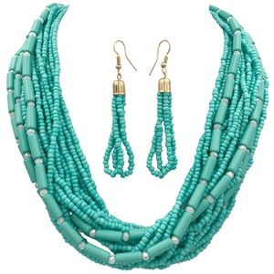 Aqua Blue layered Seed Bead Necklace Earrings Set